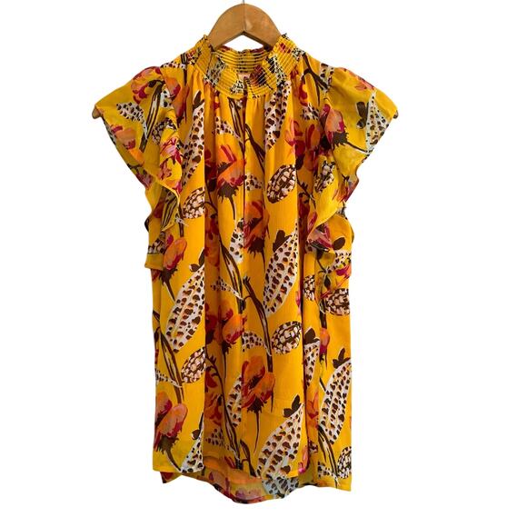 A.L.C. Yellow Floral Smocked-Neck Sleeveless Top - Picture 1 of 8
